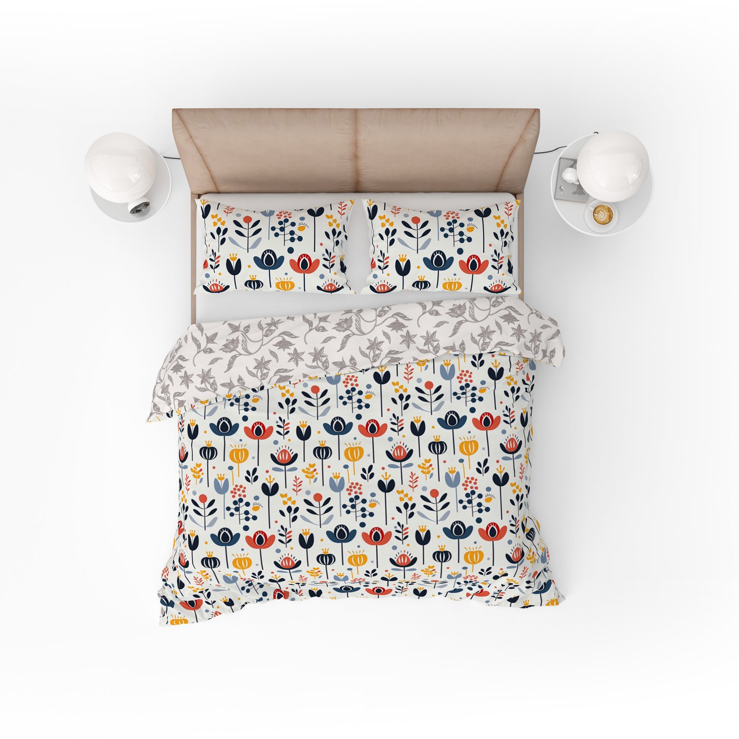 Bohemian Multicoloured Scandinavian Floral Red Cotton Reversible Quilt Cover Set - Adore India