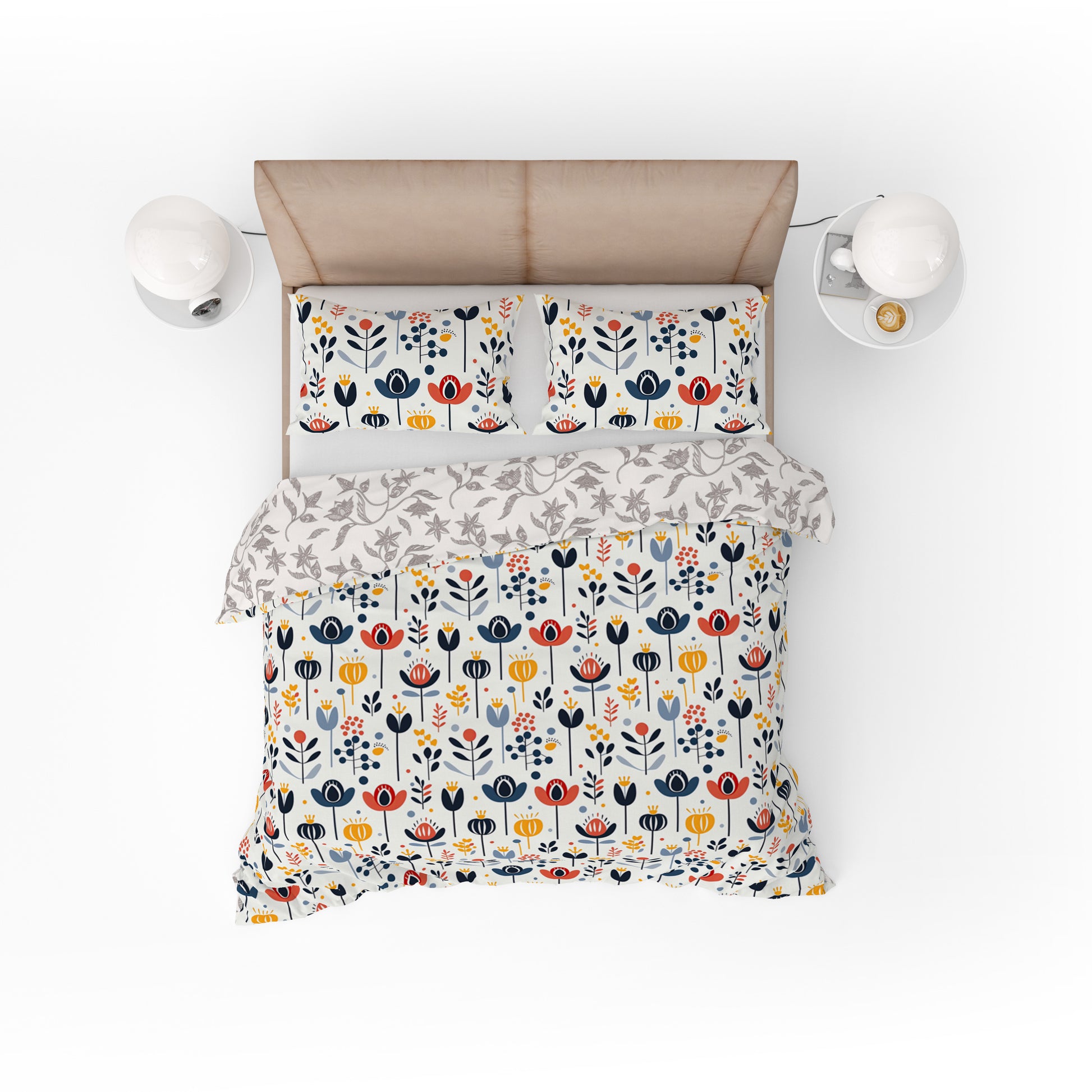 Bohemian Multicoloured Scandinavian Floral Red Cotton Reversible Quilt Cover Set - Adore India