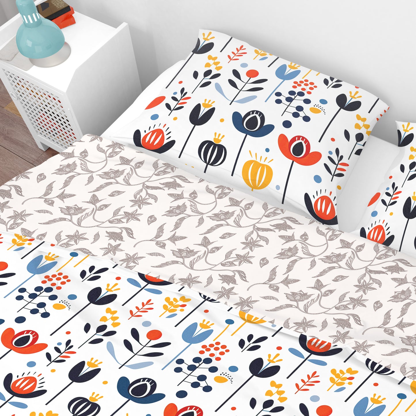 Bohemian Multicoloured Scandinavian Floral Red Cotton Reversible Quilt Cover Set - Adore India