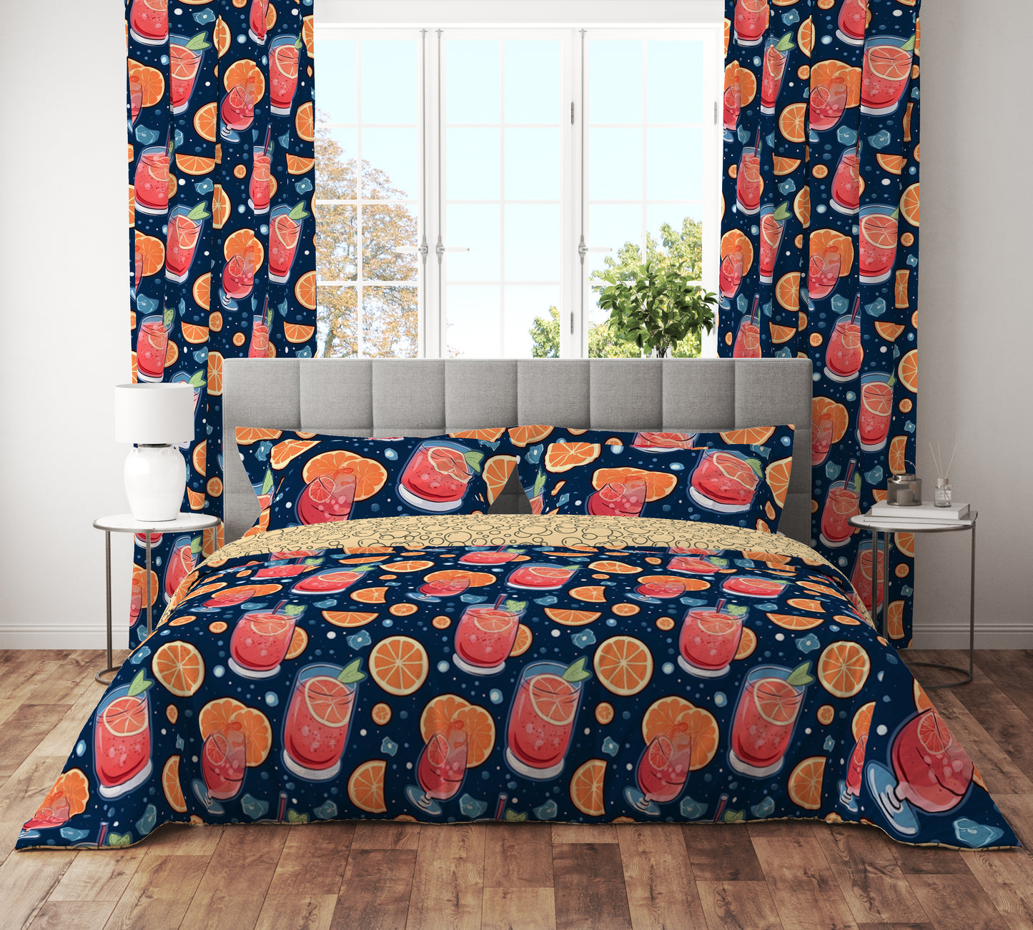 Bohemian Lemon Drink Holiday Fun Red Cotton Reversible Quilt Cover Set - Adore India