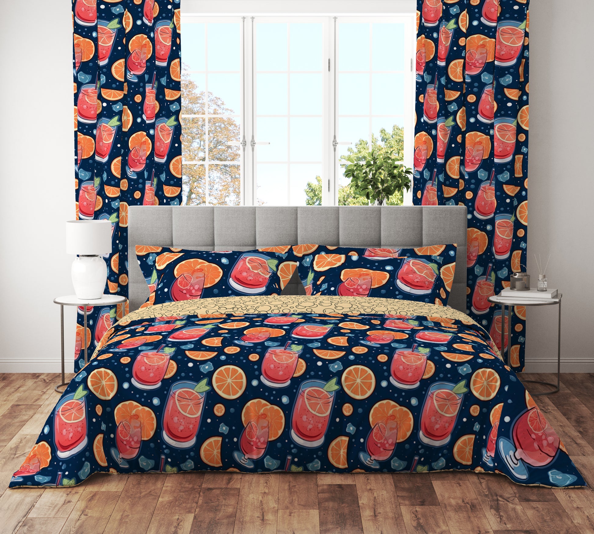 Bohemian Lemon Drink Holiday Fun Red Cotton Reversible Quilt Cover Set - Adore India