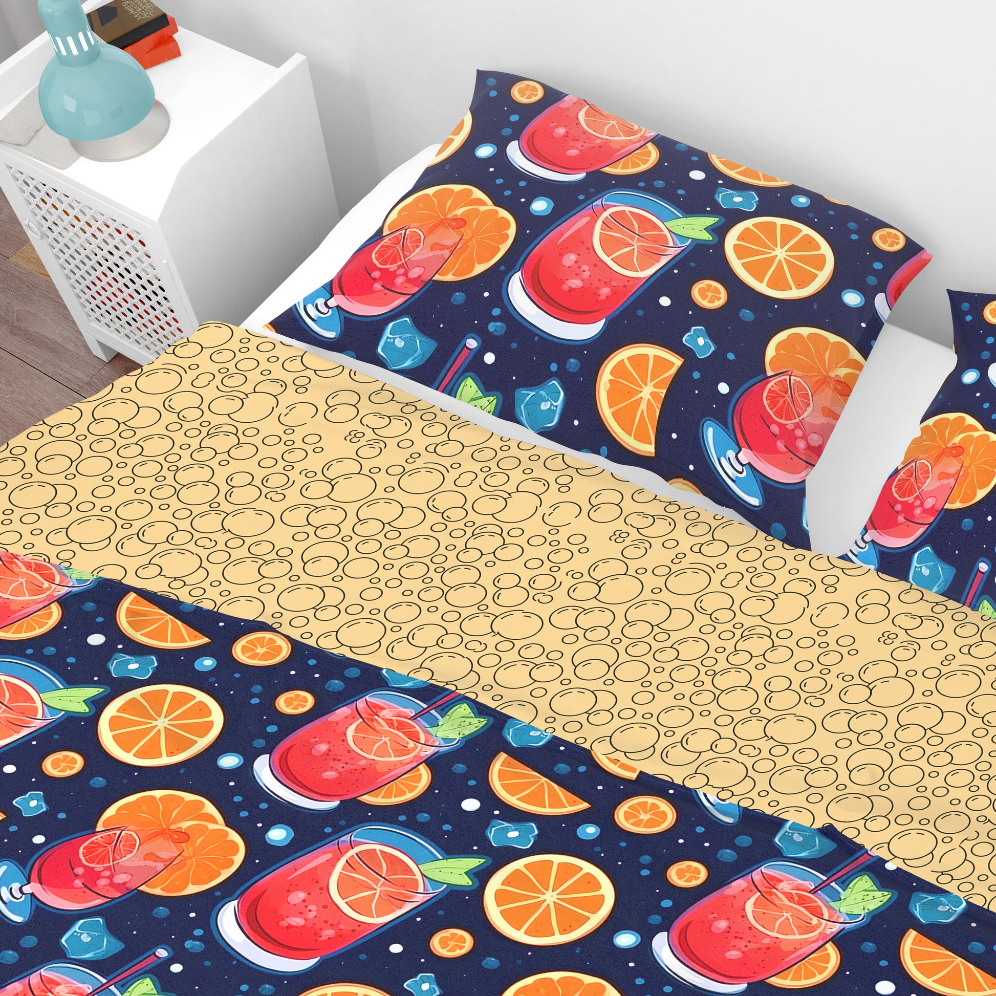 Bohemian Lemon Drink Holiday Fun Red Cotton Reversible Quilt Cover Set - Adore India