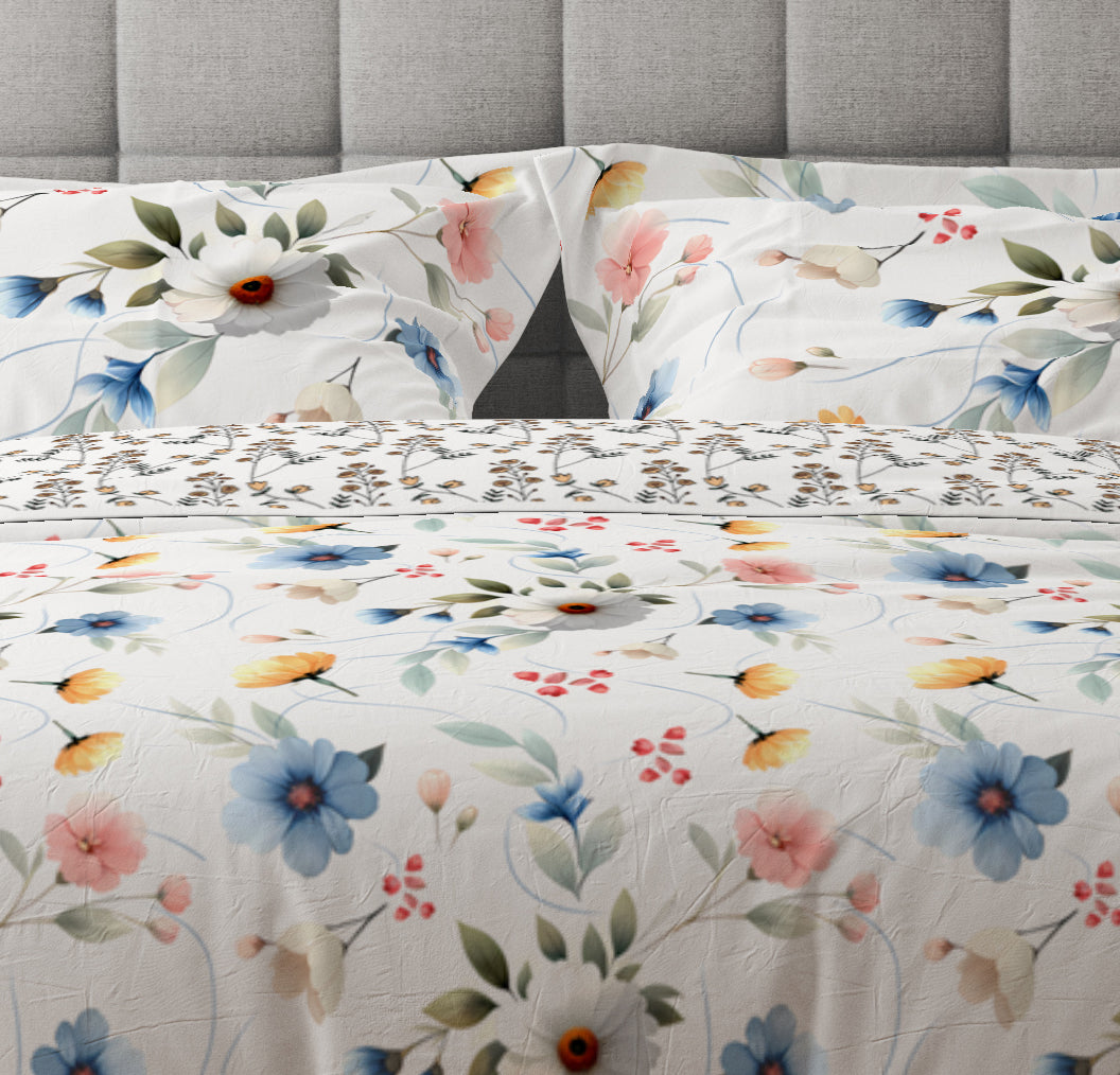 Vintage Retro White Blue Floral Cotton Reversible Quilt Cover Set - Adore India