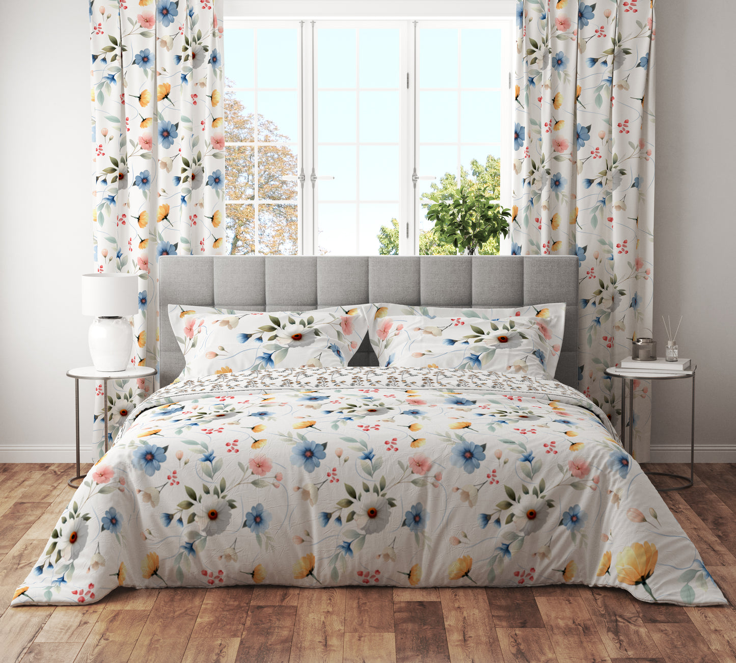 Vintage Retro White Blue Floral Cotton Reversible Quilt Cover Set - Adore India