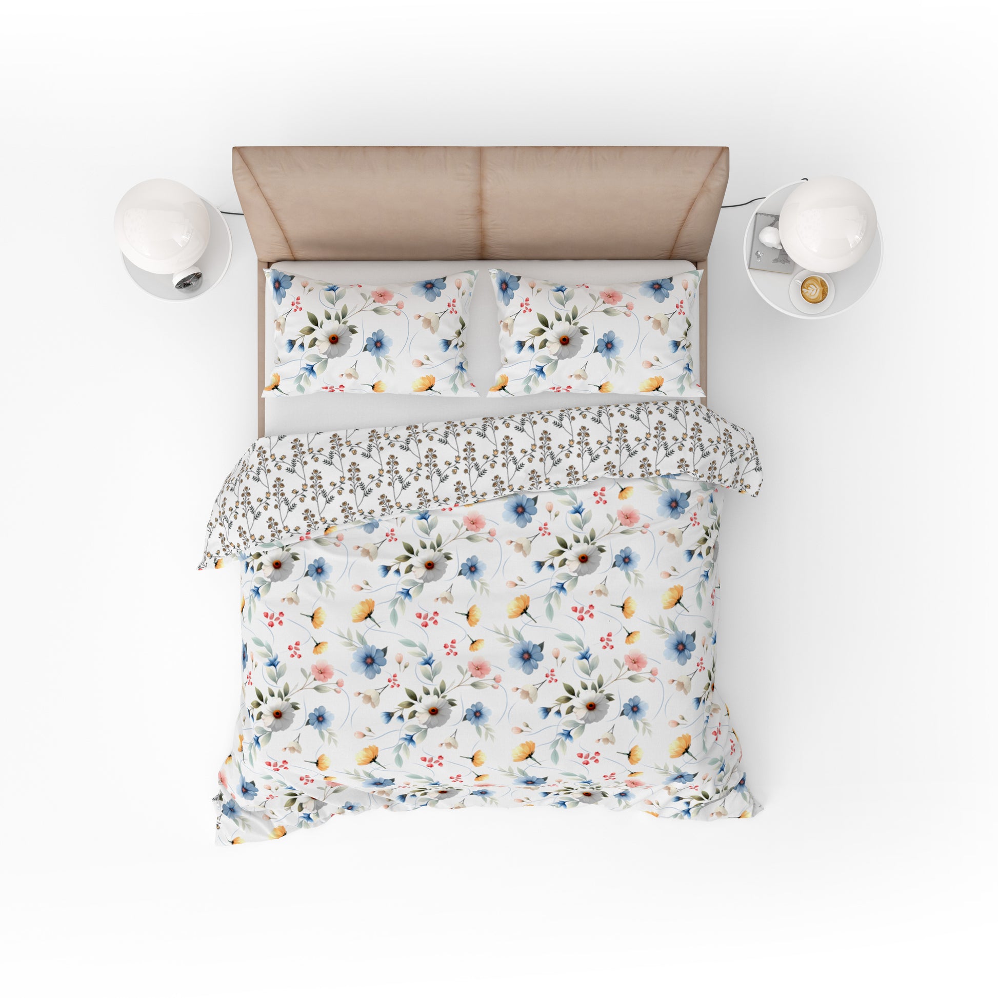 Vintage Retro White Blue Floral Cotton Reversible Quilt Cover Set - Adore India