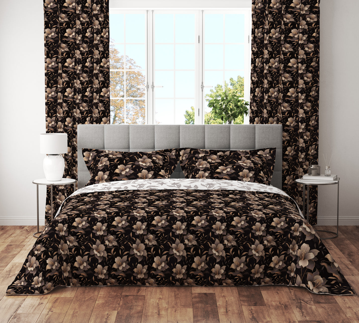 Bohemian Black Bronze Floral Cotton Reversible Quilt Cover Set - Adore India