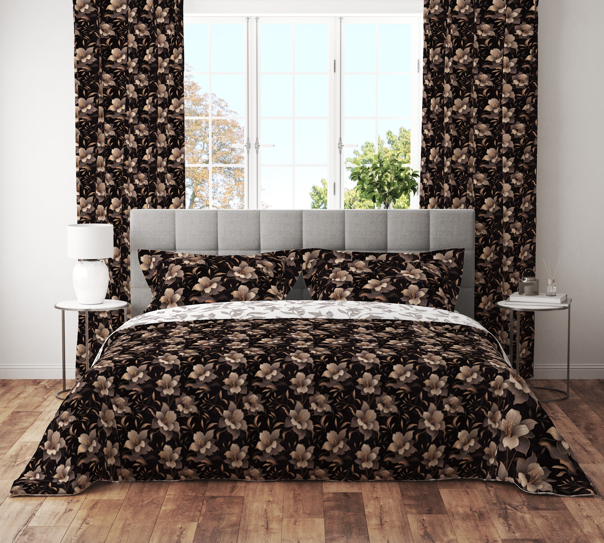 Bohemian Black Bronze Floral Cotton Reversible Quilt Cover Set - Adore India