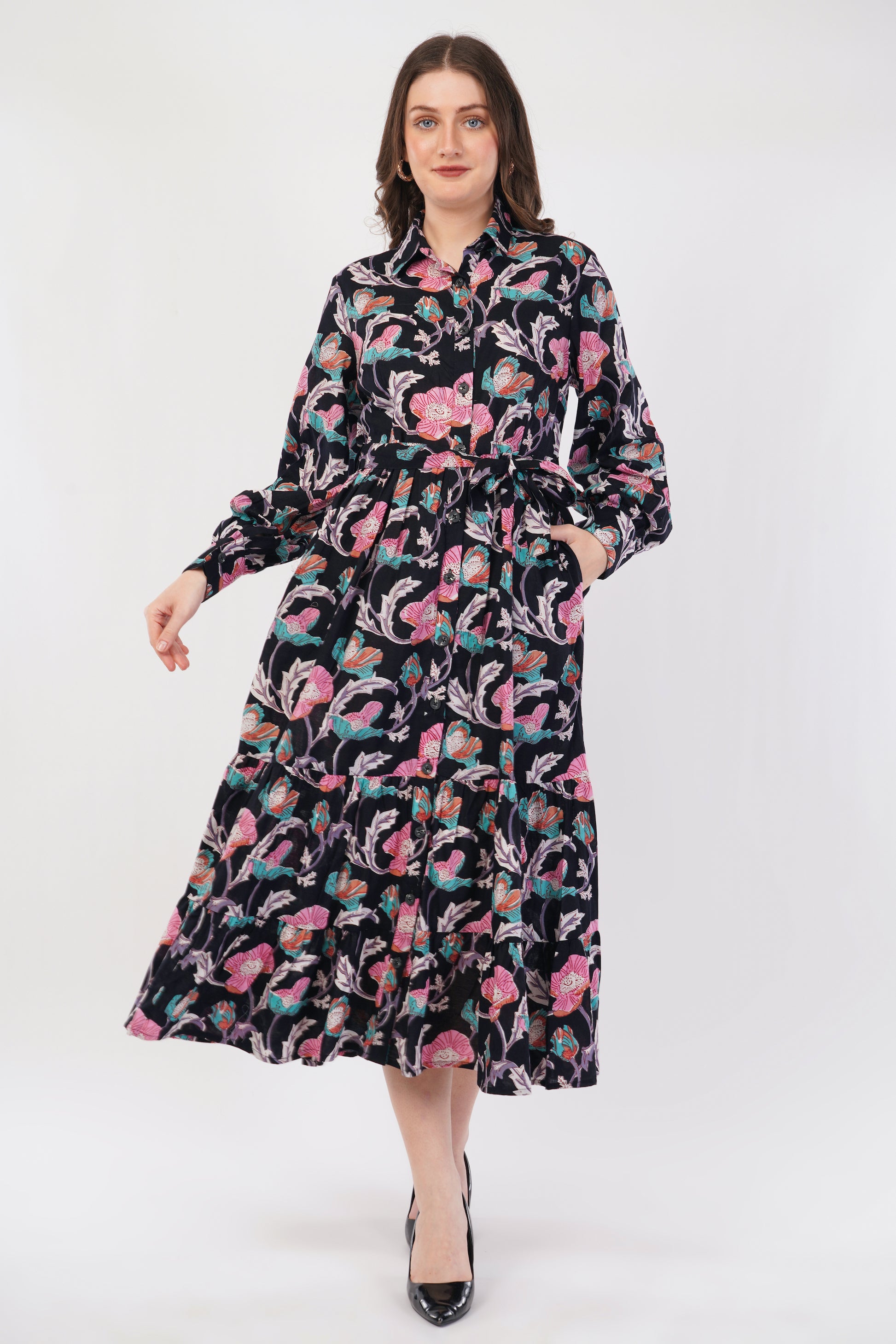 Hand Block Printed Cotton Shirt Dress – Midnight Bloom