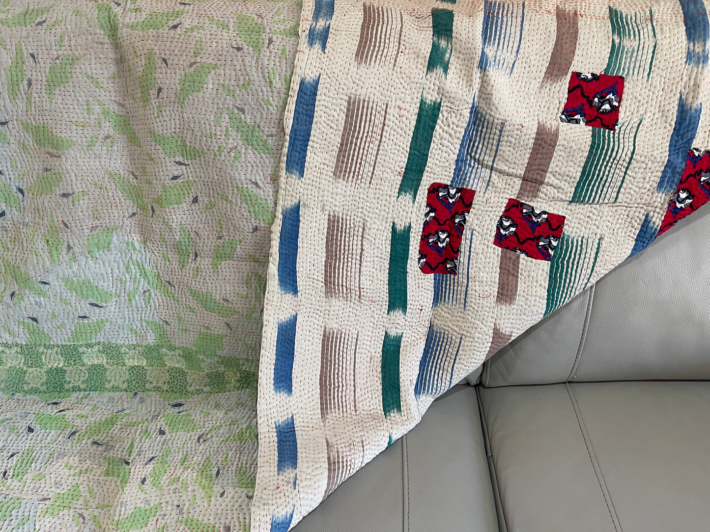 Handmade Indian Vintage Cotton Reversible Kantha Bedspread Throw- Shahi - Adore India