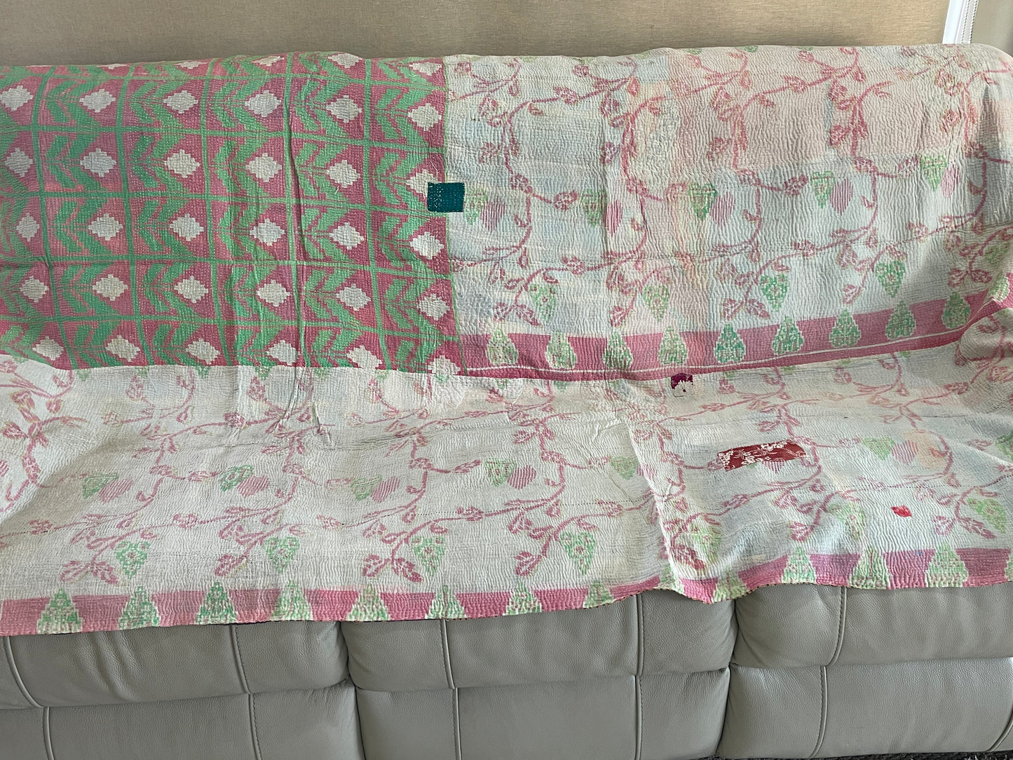 Indian Handmade Cotton Reversible Vintage Kantha Quilt Bedspread Throw- Amba - Adore India