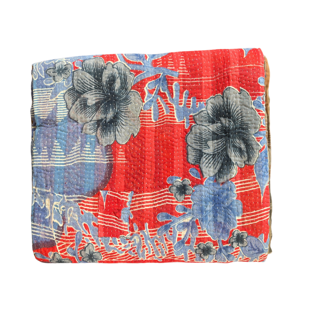 Indian Handmade Cotton Reversible Vintage Kantha Quilt Bedspread Throw- Rama - Adore India