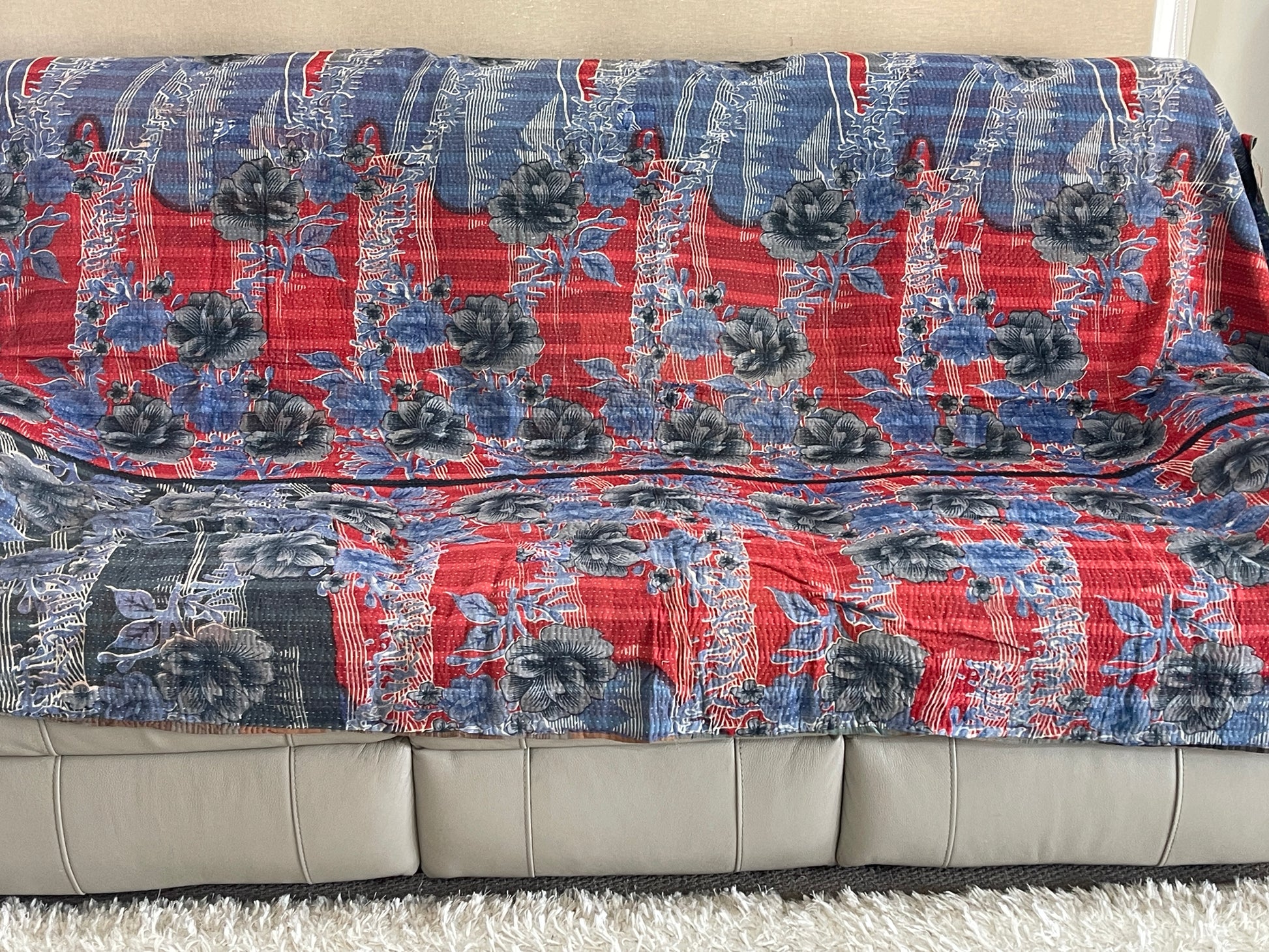 Indian Handmade Cotton Reversible Vintage Kantha Quilt Bedspread Throw- Rama - Adore India
