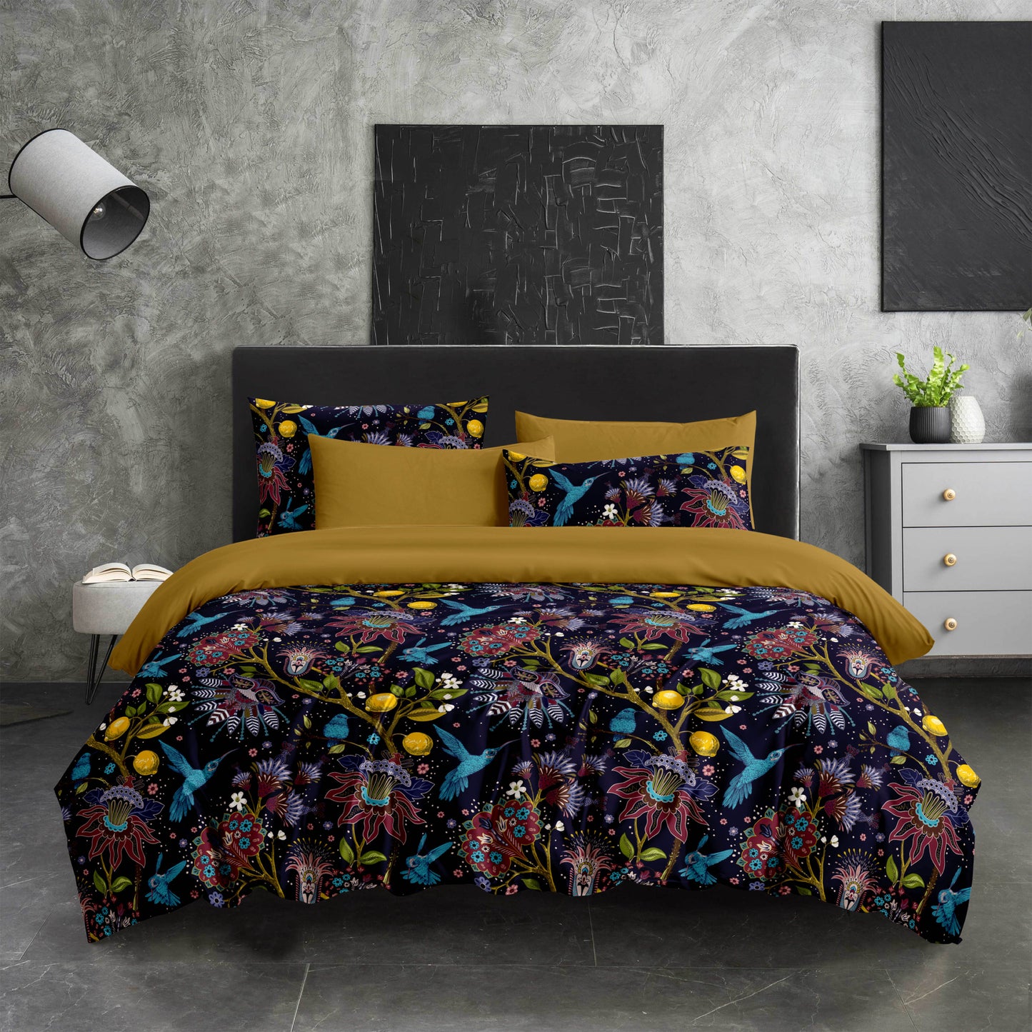 Fantasy Bird and Lemon Tree Quilt Cover Set - Dreamy Comfort in Mustard Yellow - Adore India