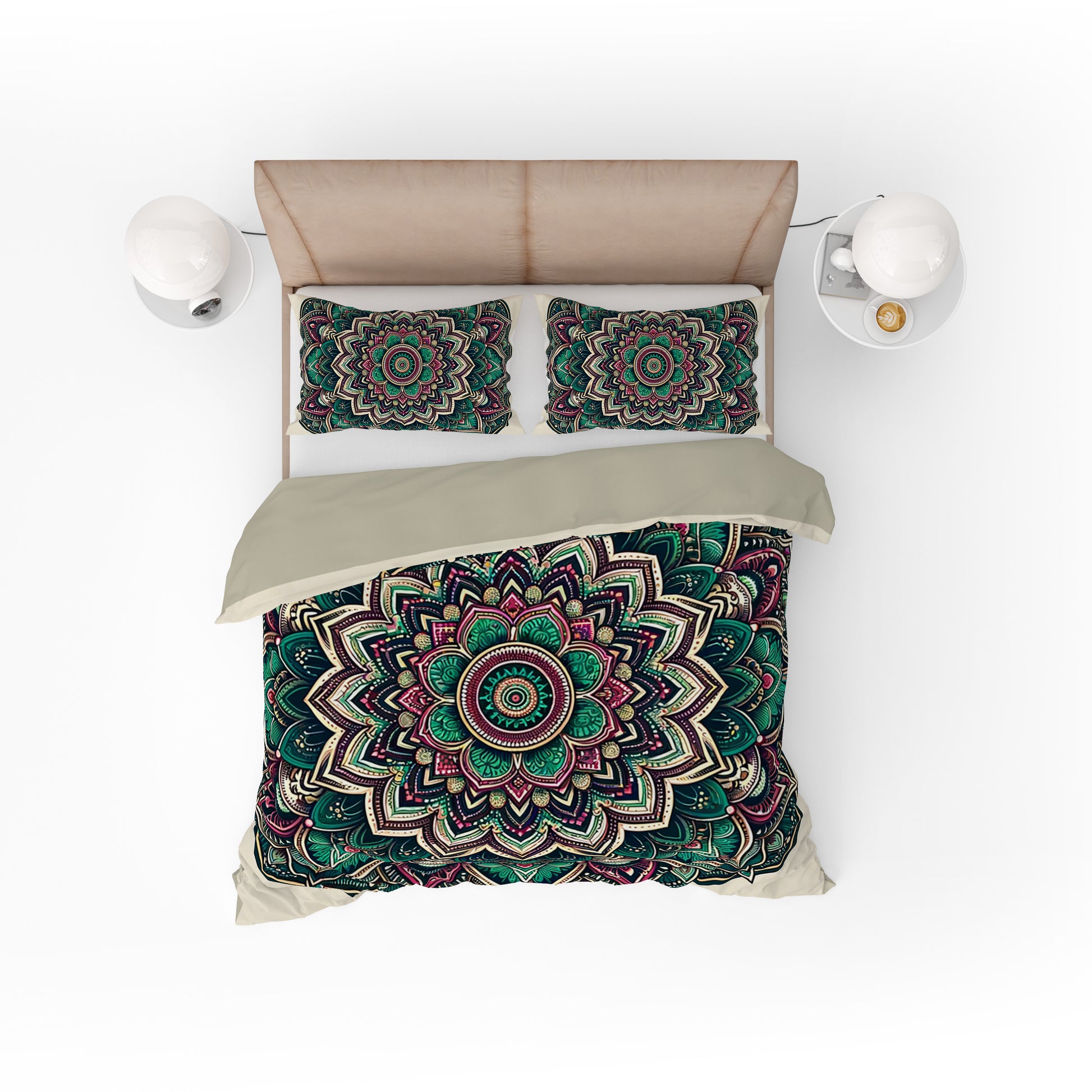 Green Beige Bohemian Lotus Reversible Quilt Cover Duvet Cover Set - Adore India