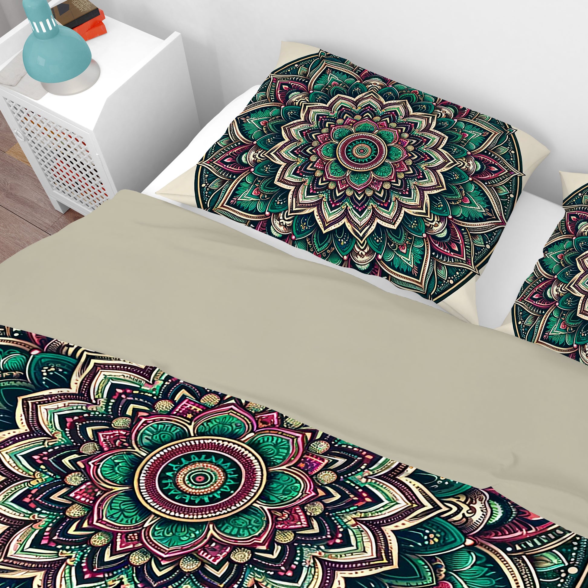 Green Beige Bohemian Lotus Reversible Quilt Cover Duvet Cover Set - Adore India
