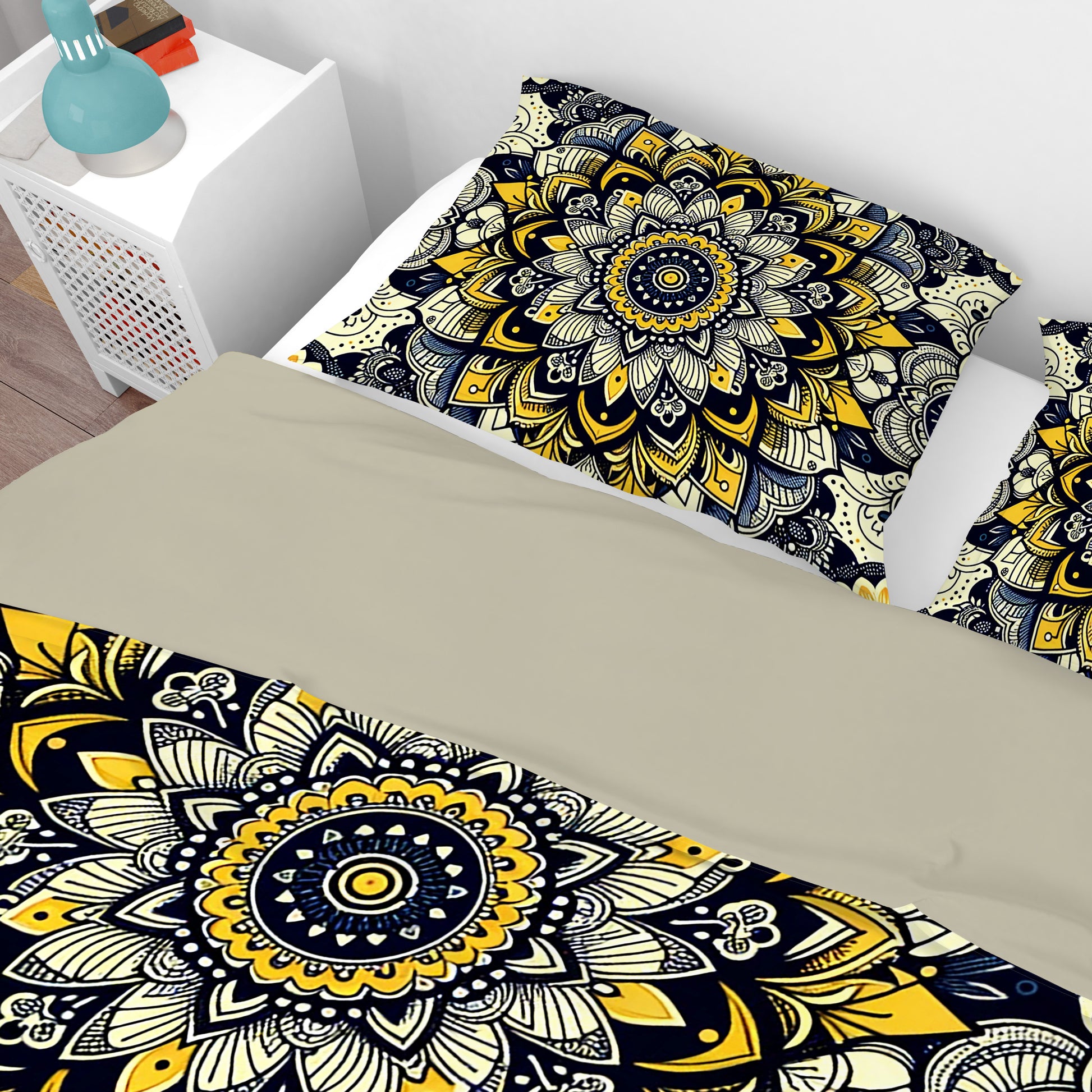 Yellow Blossom Mandala Reversible Quilt Cover Duvet Cover Set - Adore India