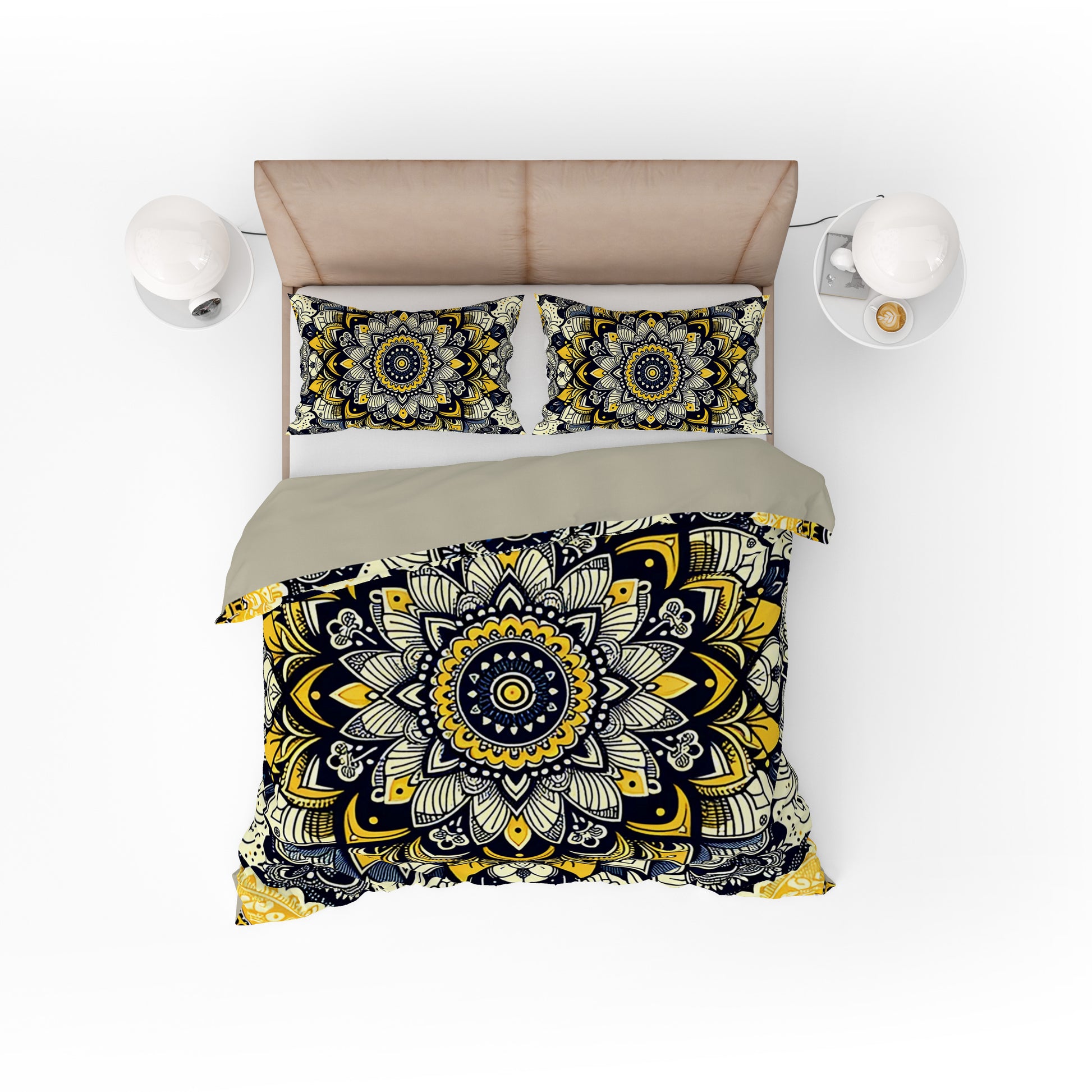 Yellow Blossom Mandala Reversible Quilt Cover Duvet Cover Set - Adore India