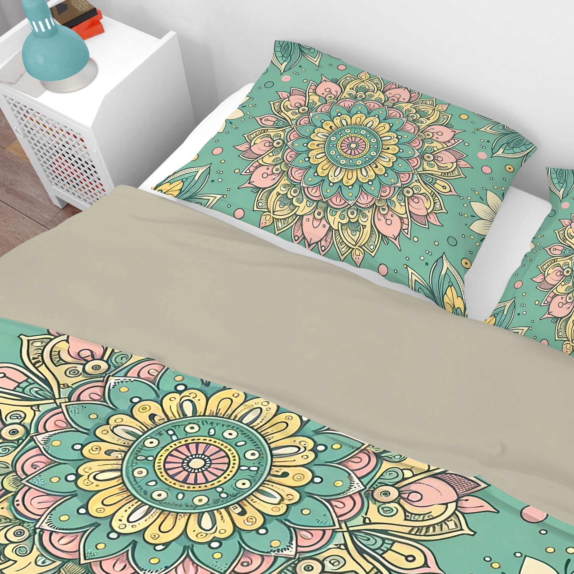 Green Pink Pleasant Mandala Reversible Quilt Cover Duvet Cover Set - Adore India