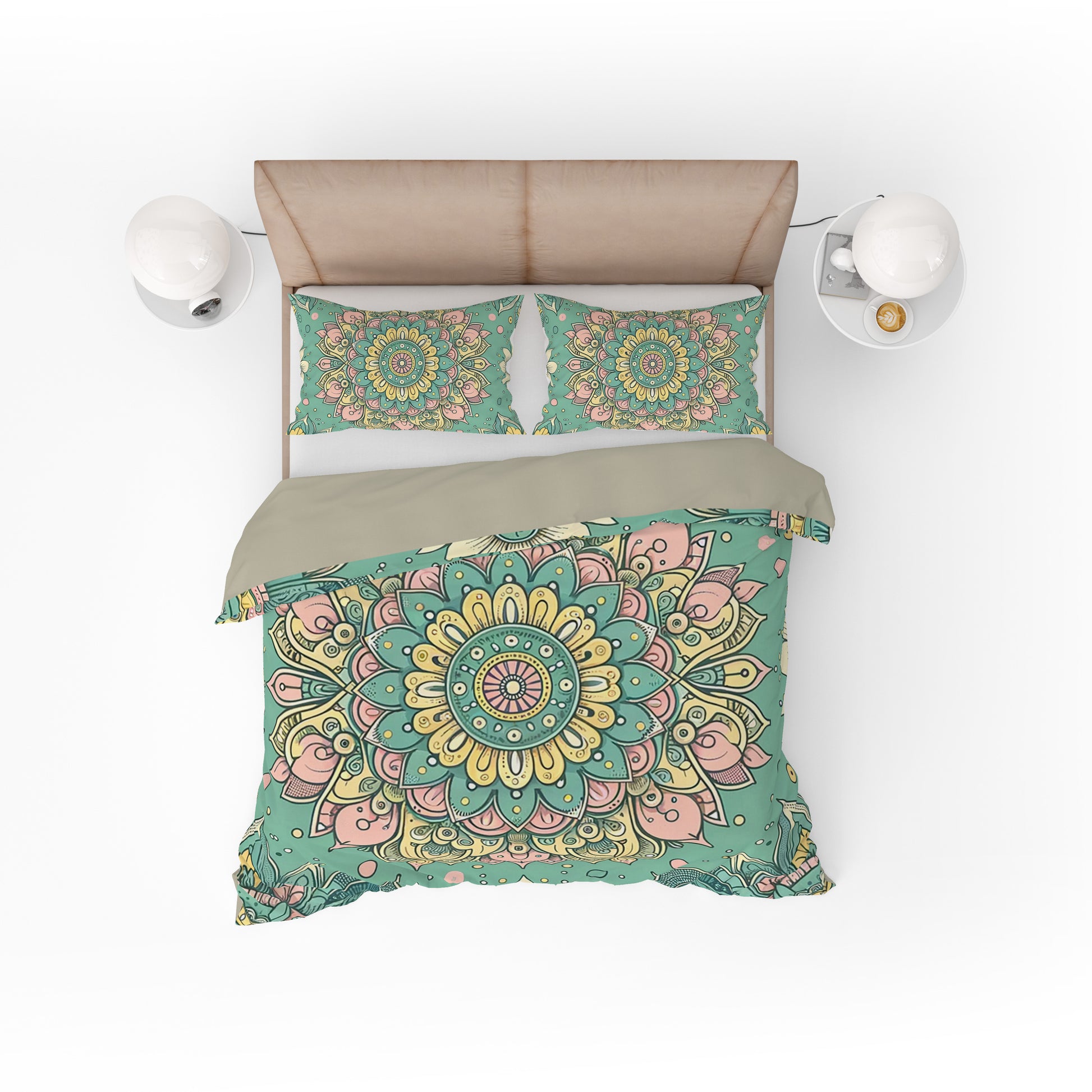 Green Pink Pleasant Mandala Reversible Quilt Cover Duvet Cover Set - Adore India