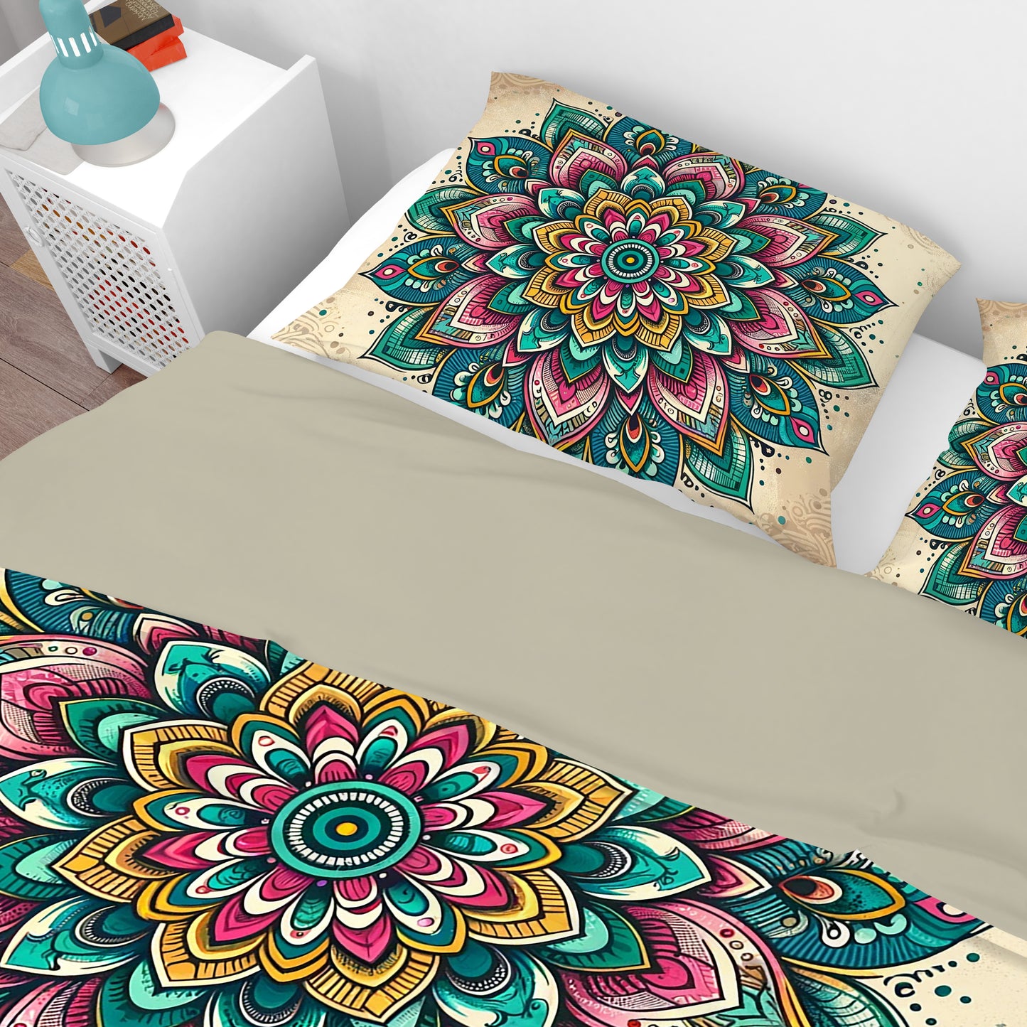 Teal Pink Bohemian Lotus Reversible Quilt Cover Duvet Cover Set - Adore India