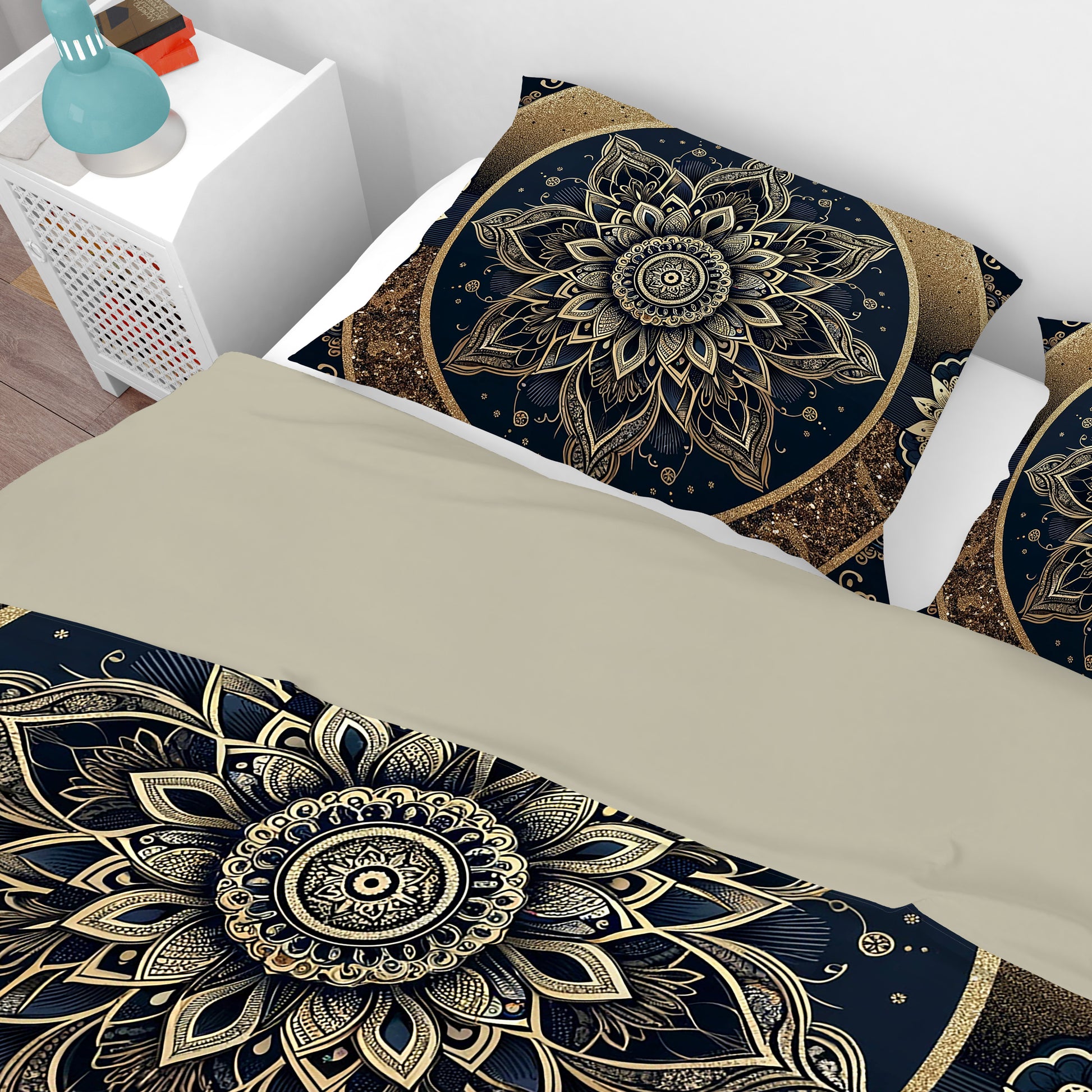 Black Gold Lotus Mandala Reversible Quilt Cover Duvet Cover Set - Adore India