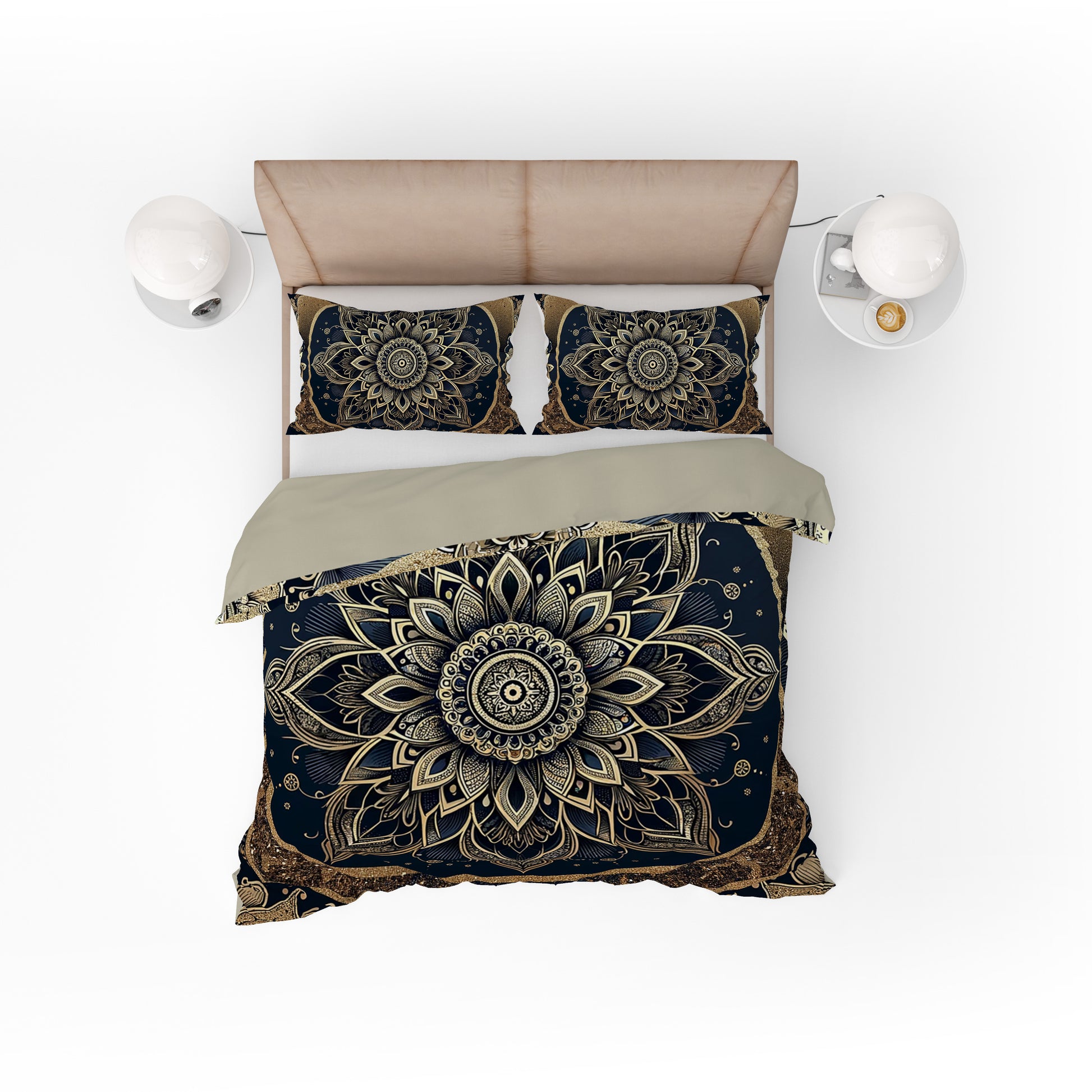 Black Gold Lotus Mandala Reversible Quilt Cover Duvet Cover Set - Adore India