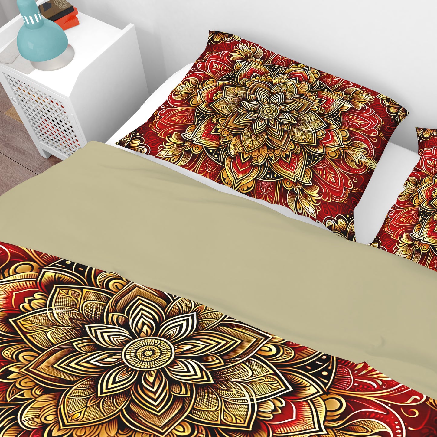 Red Gold Blossom Mandala Reversible Quilt Cover Duvet Cover Set - Adore India