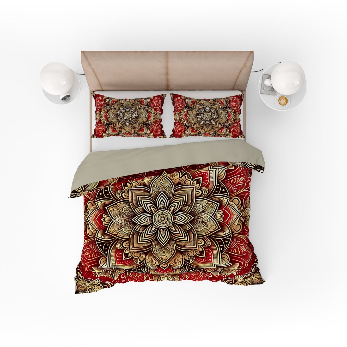 Red Gold Blossom Mandala Reversible Quilt Cover Duvet Cover Set - Adore India