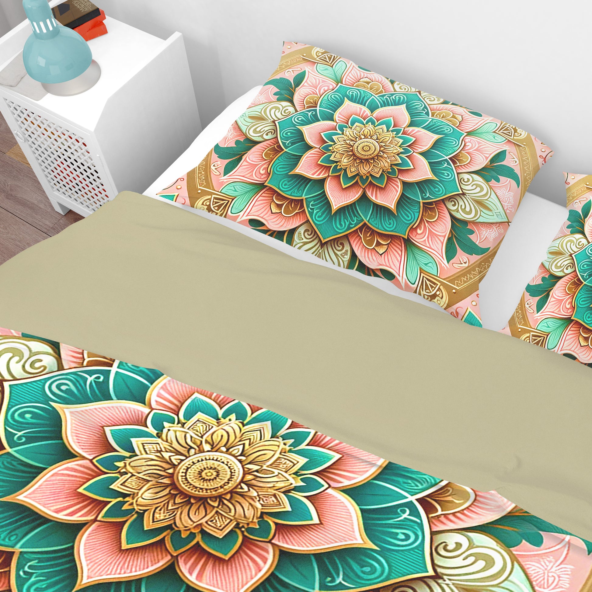 Pink Teal Blossom Mandala Reversible Quilt Cover Duvet Cover Set - Adore India