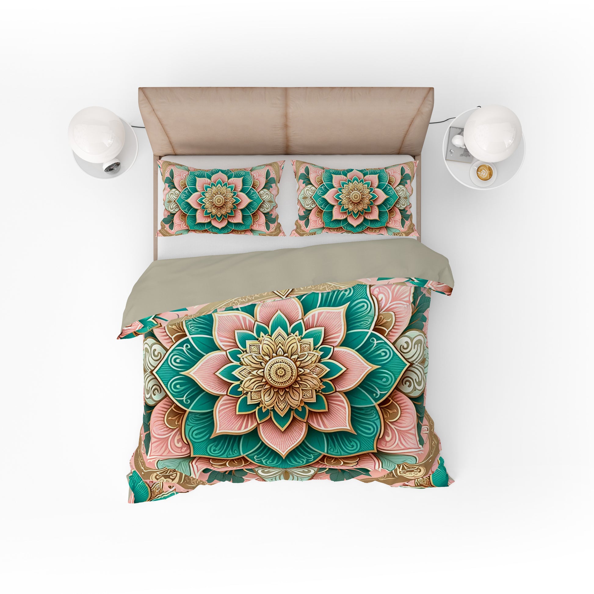 Pink Teal Blossom Mandala Reversible Quilt Cover Duvet Cover Set - Adore India