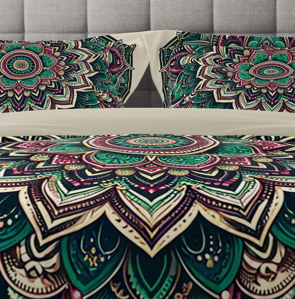 Green Beige Bohemian Lotus Reversible Quilt Cover Duvet Cover Set - Adore India