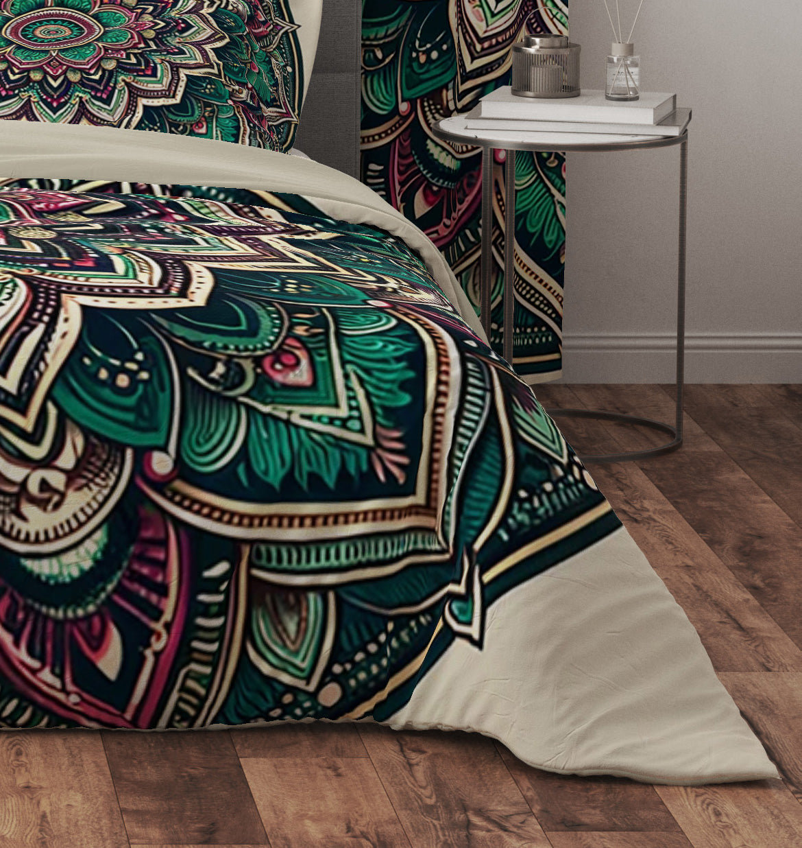 Green Beige Bohemian Lotus Reversible Quilt Cover Duvet Cover Set - Adore India