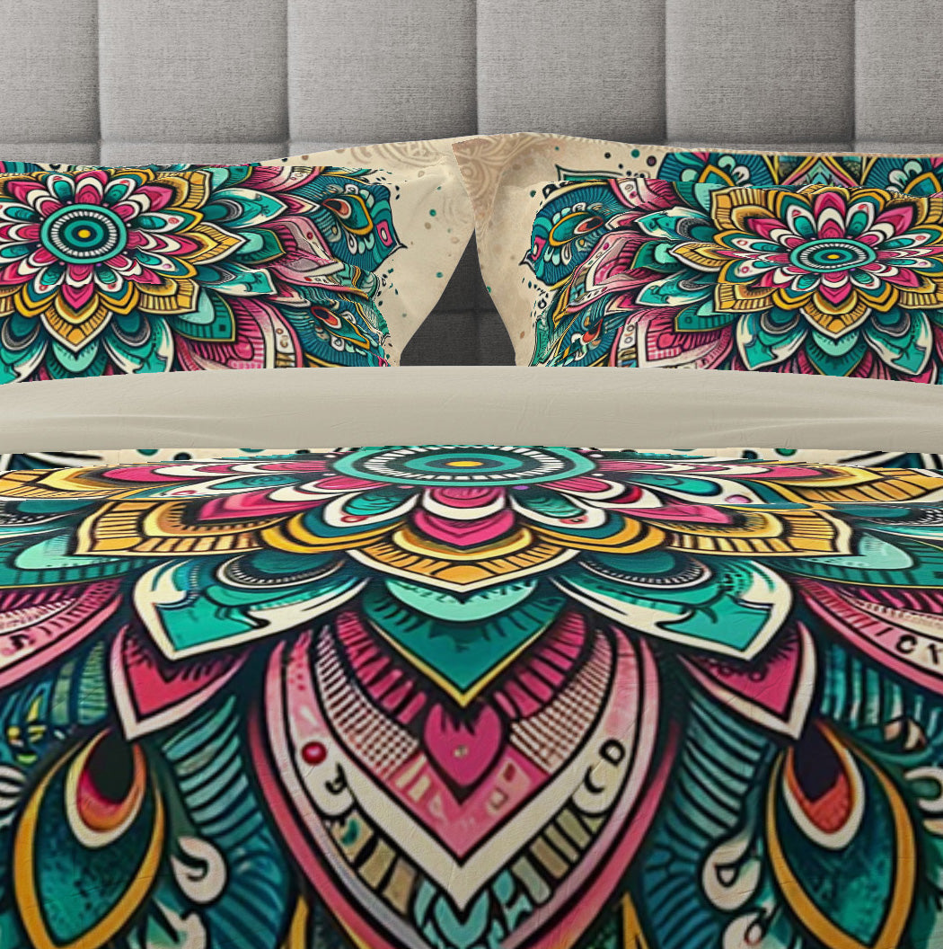 Teal Pink Bohemian Lotus Reversible Quilt Cover Duvet Cover Set - Adore India