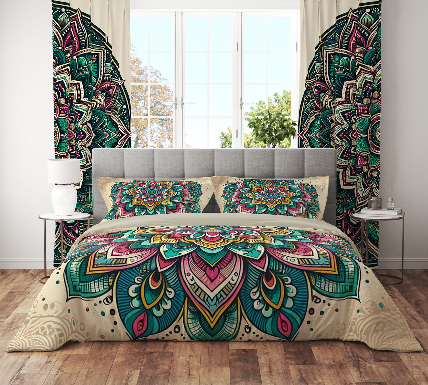 Teal Pink Bohemian Lotus Reversible Quilt Cover Duvet Cover Set - Adore India