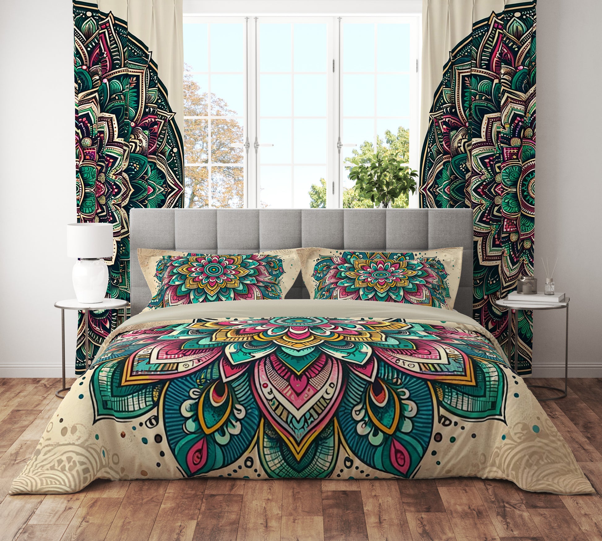 Teal Pink Bohemian Lotus Reversible Quilt Cover Duvet Cover Set - Adore India