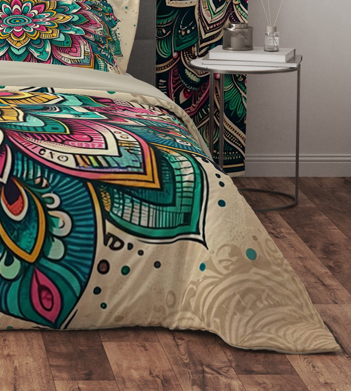 Teal Pink Bohemian Lotus Reversible Quilt Cover Duvet Cover Set - Adore India