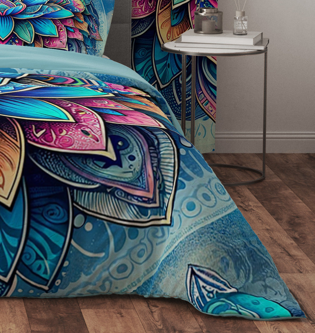 Blue Bohemian Lotus Reversible Quilt Cover Duvet Cover Set - Adore India