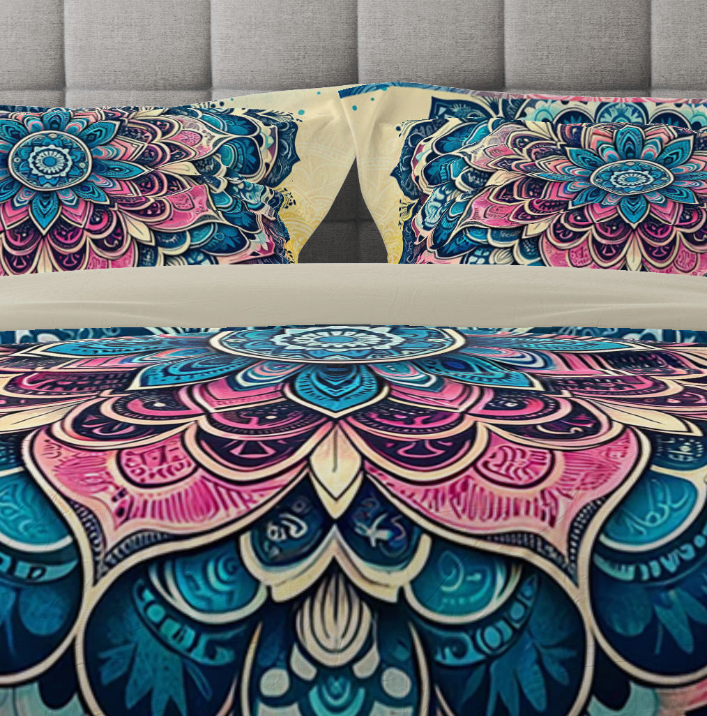 Pink Blue Ombre Lotus Reversible Quilt Cover Duvet Cover Set - Adore India