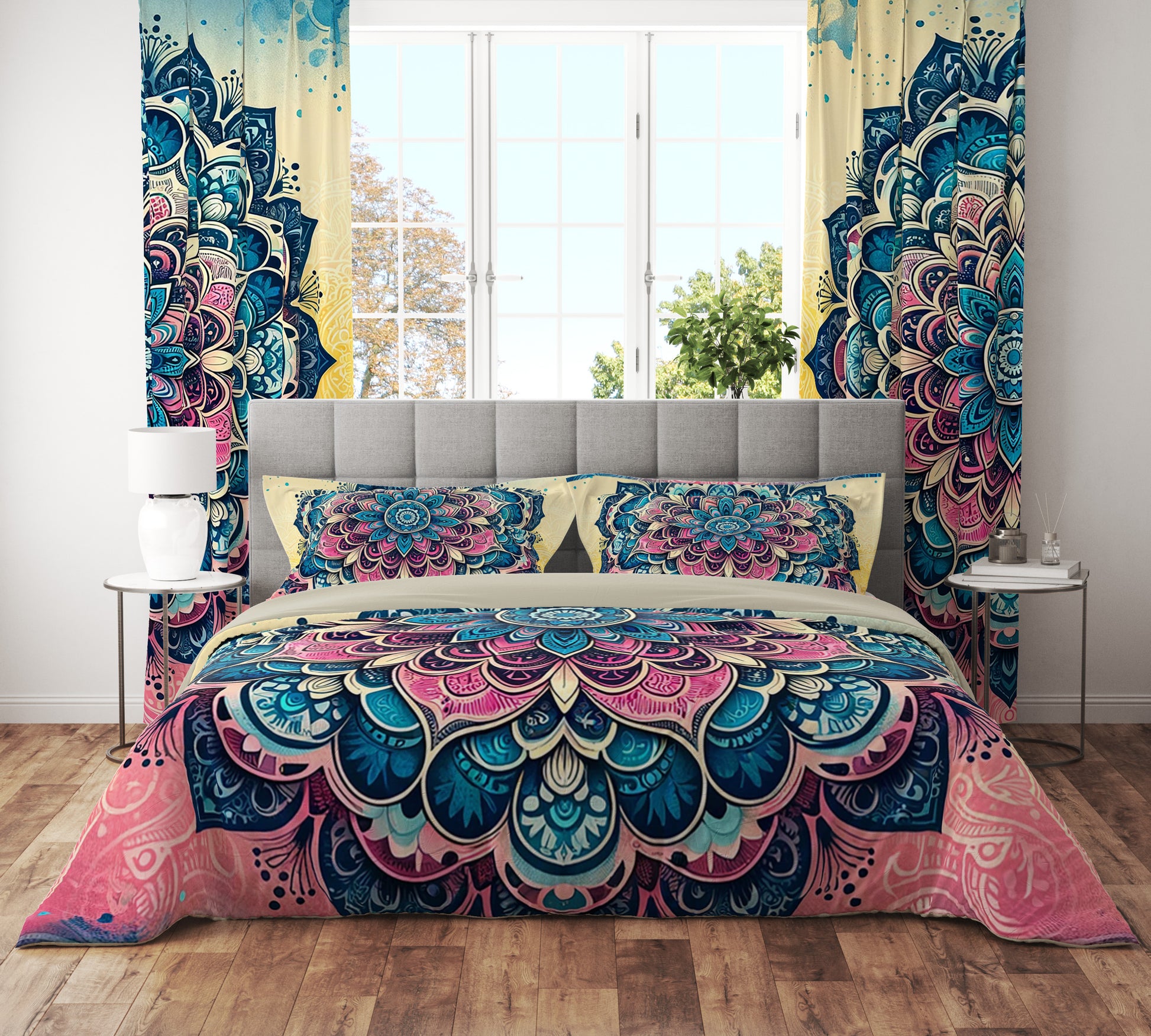 Pink Blue Ombre Lotus Reversible Quilt Cover Duvet Cover Set - Adore India