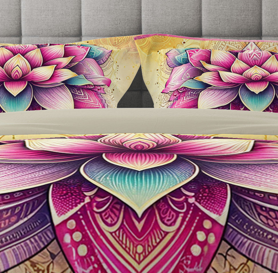 Pink Yellow Bohemian Statement Reversible Quilt Cover Duvet Cover Set - Adore India