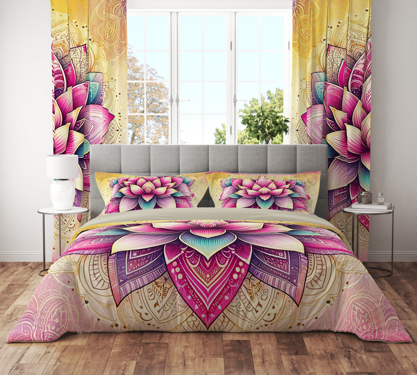 Pink Yellow Bohemian Statement Reversible Quilt Cover Duvet Cover Set - Adore India