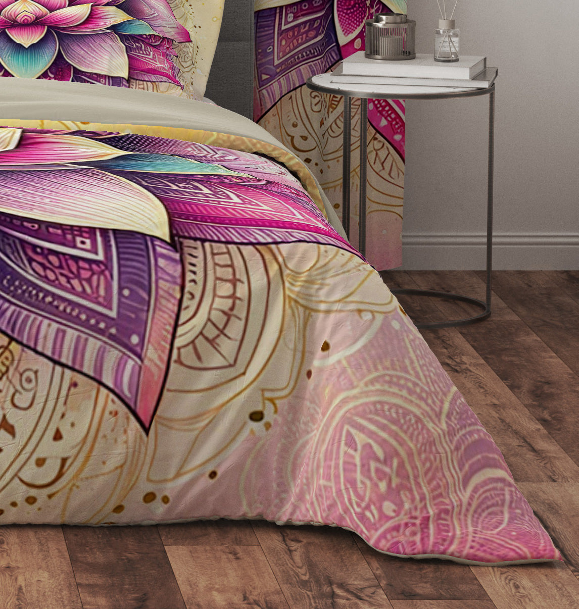 Pink Yellow Bohemian Statement Reversible Quilt Cover Duvet Cover Set - Adore India