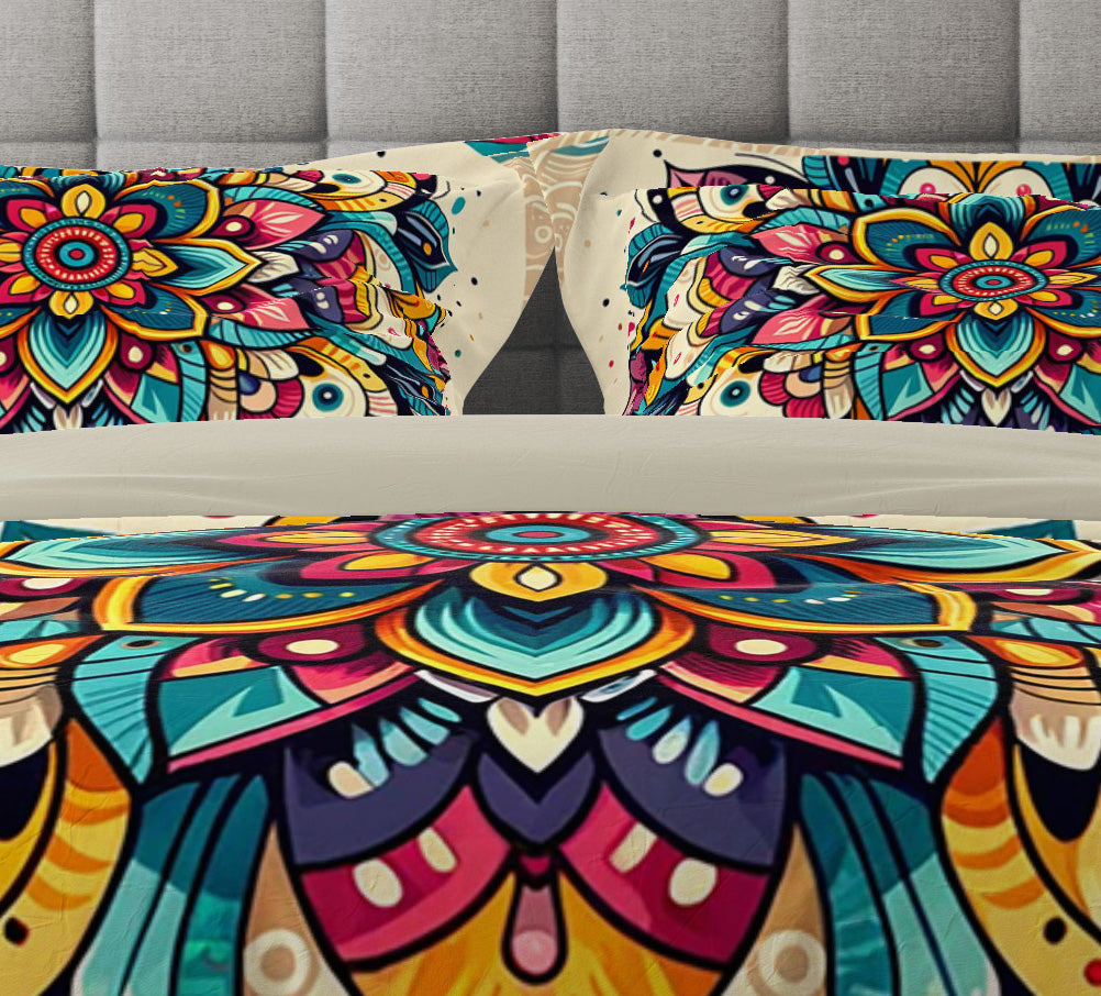 Multi Colour Bohemian Statement Floral Reversible Quilt Cover Duvet Cover Set - Adore India