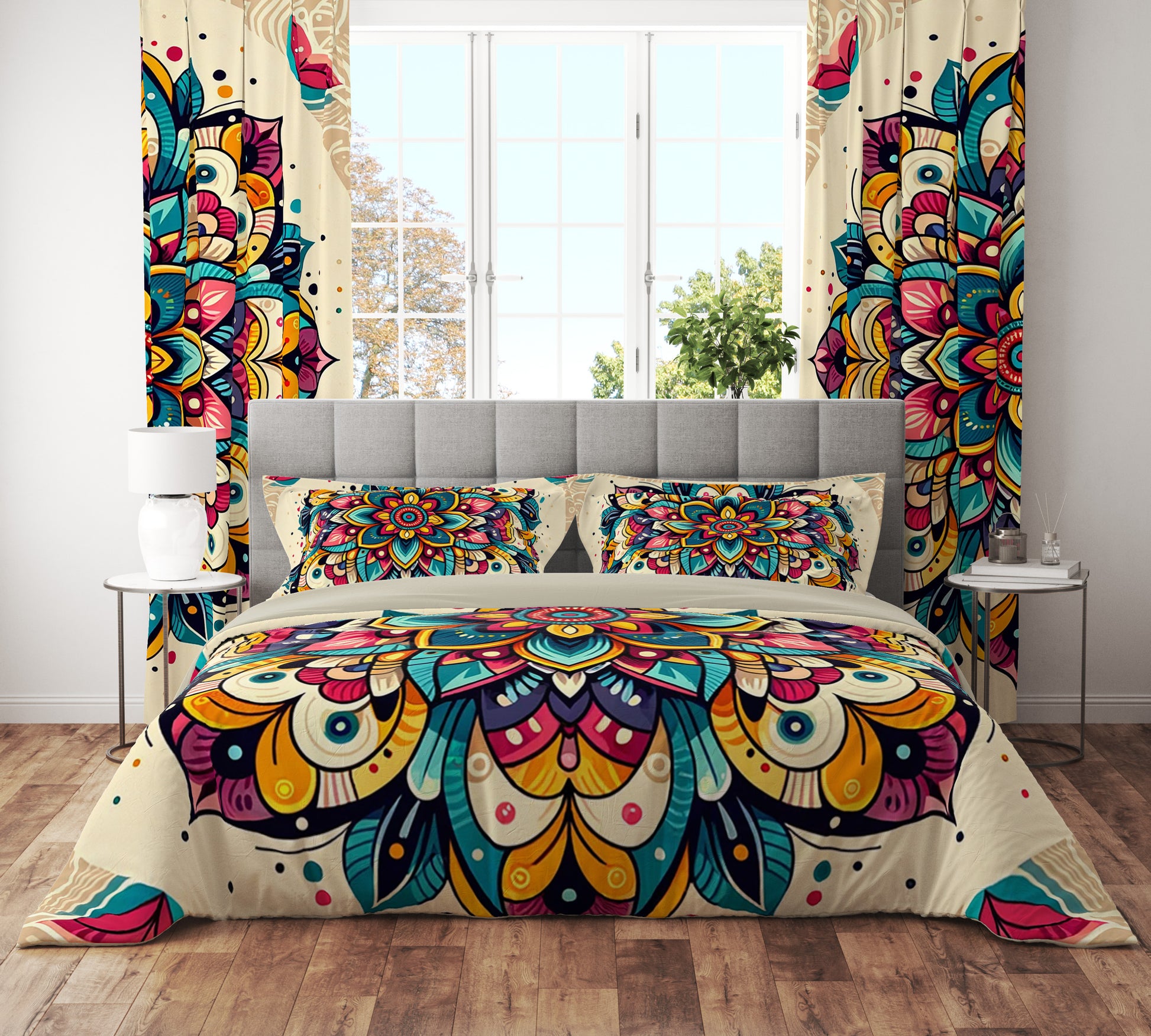 Multi Colour Bohemian Statement Floral Reversible Quilt Cover Duvet Cover Set - Adore India