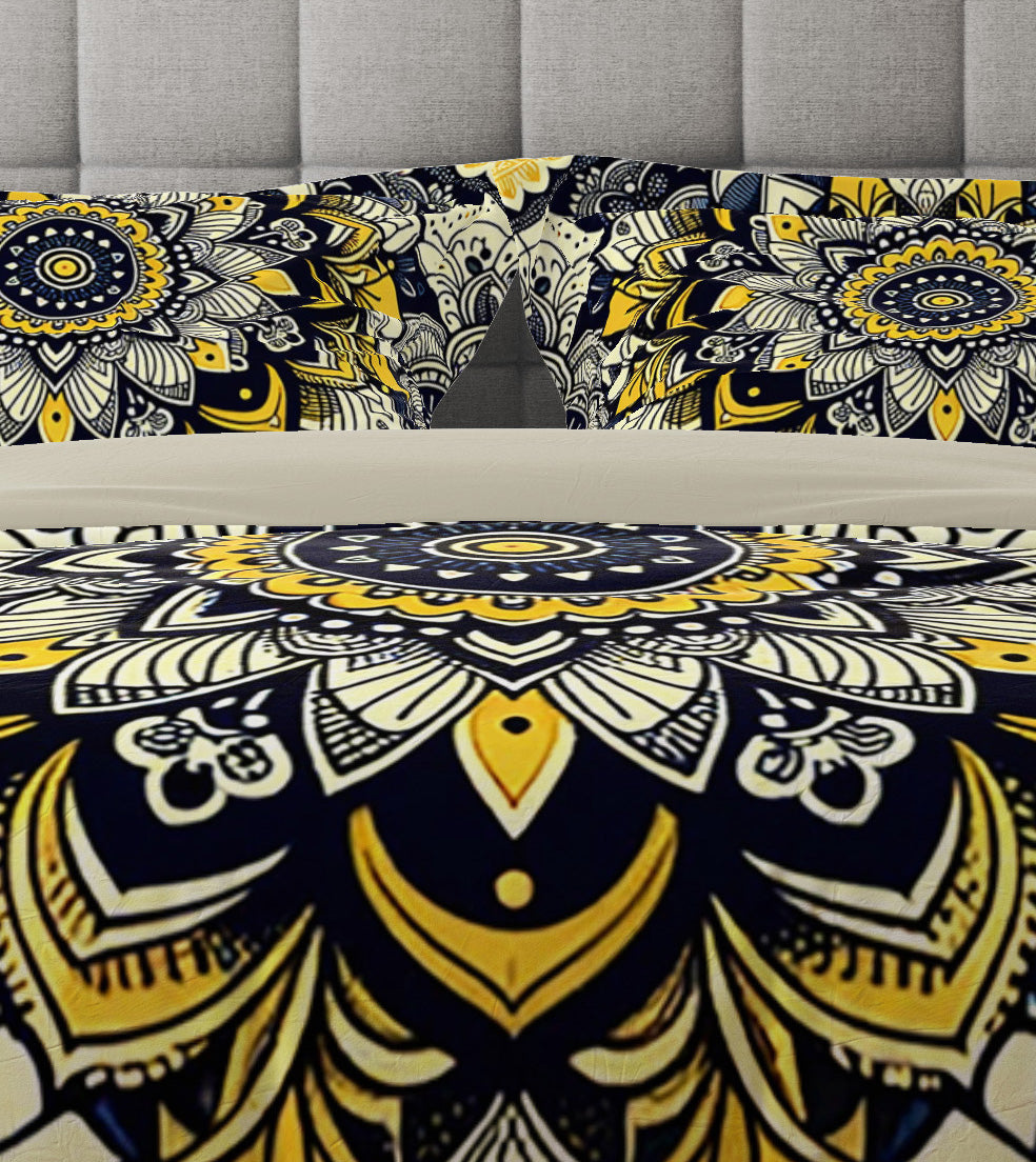 Yellow Blossom Mandala Reversible Quilt Cover Duvet Cover Set - Adore India