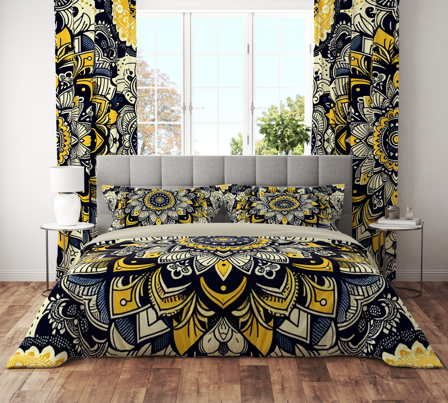 Yellow Blossom Mandala Reversible Quilt Cover Duvet Cover Set - Adore India
