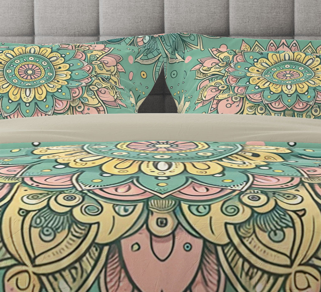 Green Pink Pleasant Mandala Reversible Quilt Cover Duvet Cover Set - Adore India