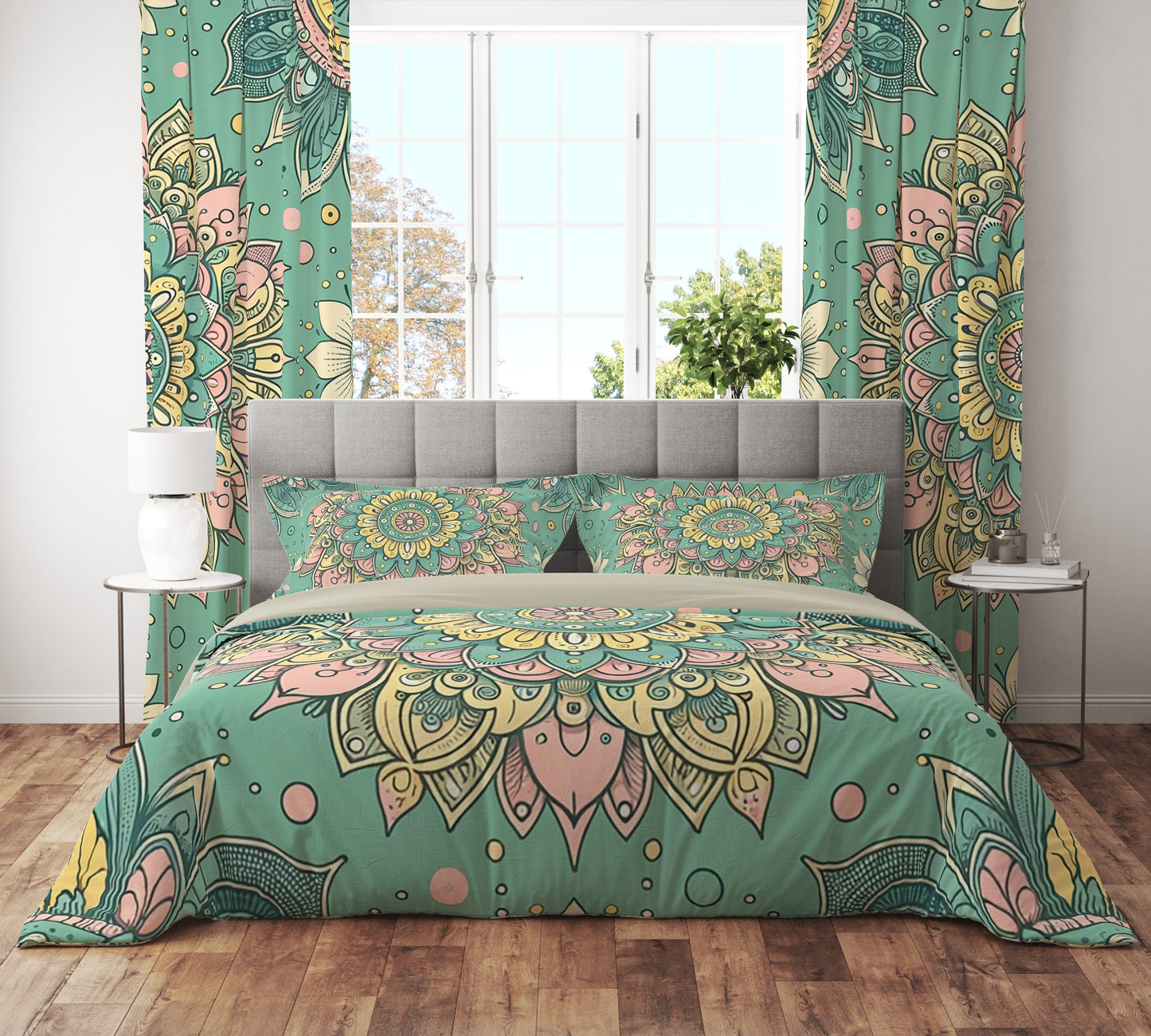 Green Pink Pleasant Mandala Reversible Quilt Cover Duvet Cover Set - Adore India