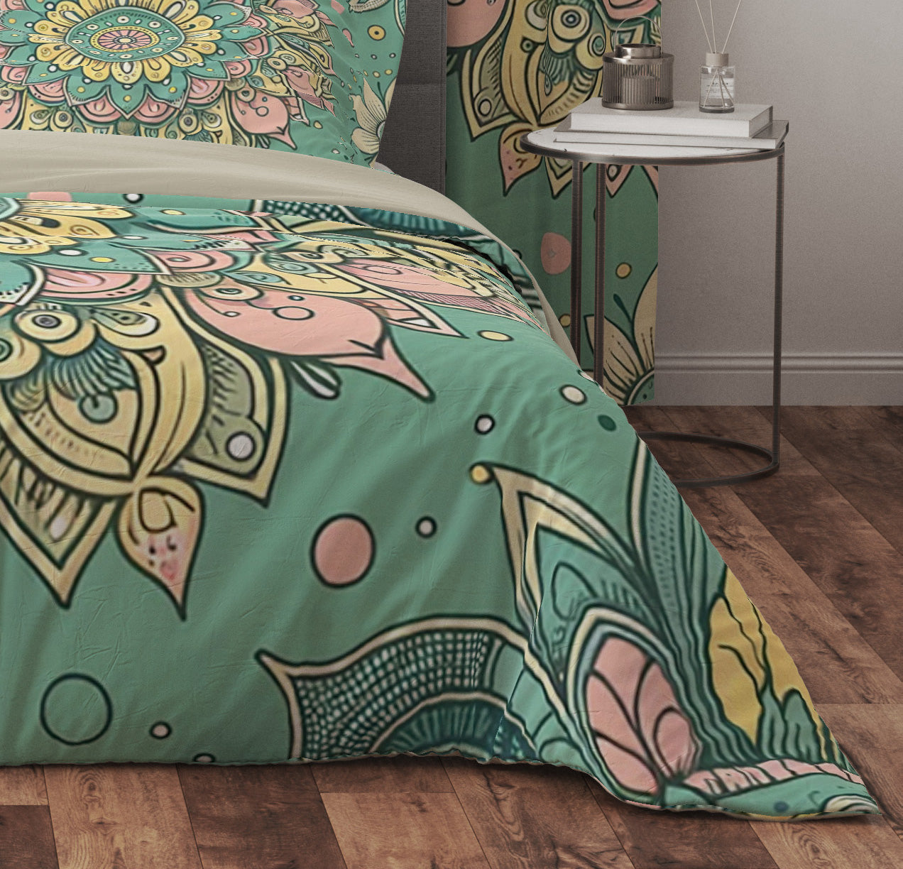 Green Pink Pleasant Mandala Reversible Quilt Cover Duvet Cover Set - Adore India