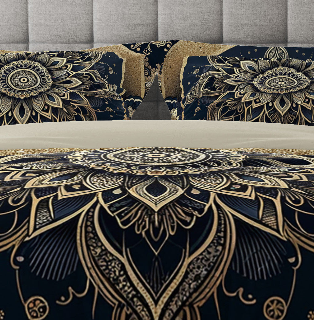 Black Gold Lotus Mandala Reversible Quilt Cover Duvet Cover Set - Adore India